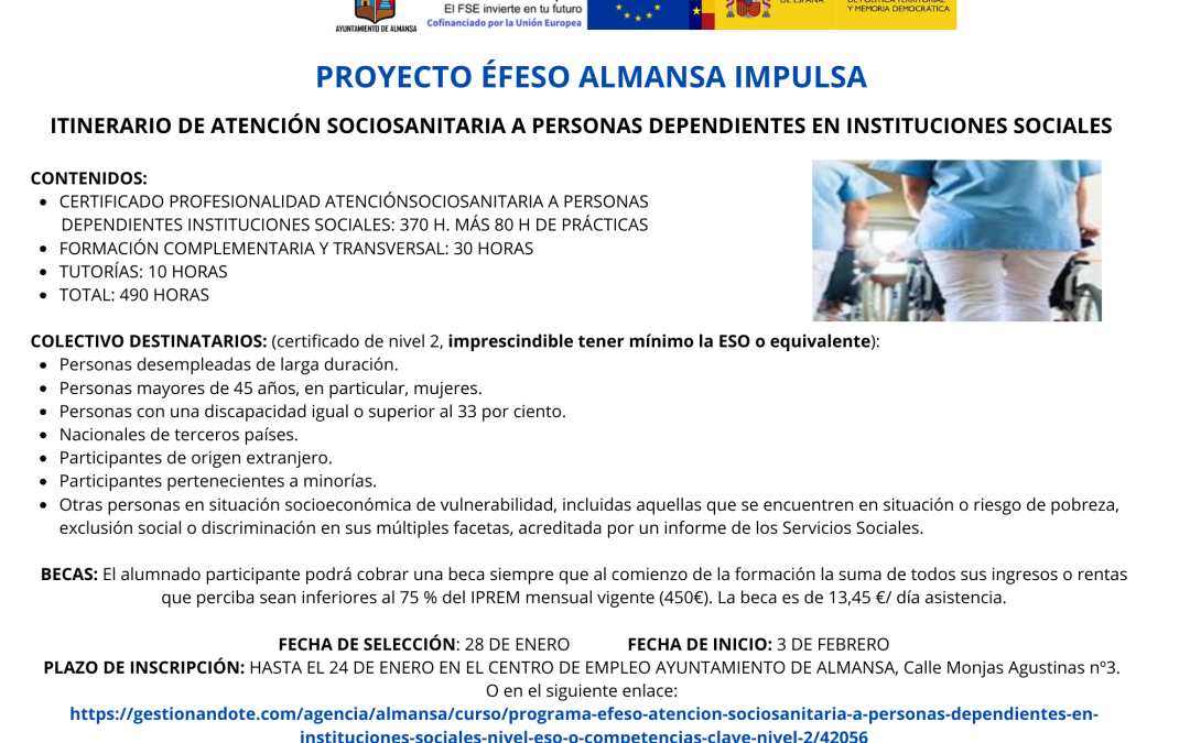 INSCRIPCIÓN CURSO ATENCIÓN SOCIOSANITARIA A PERSONAS DEPENDIENTES EN INSTITUCIONES SOCIALES (NIVEL 2)
