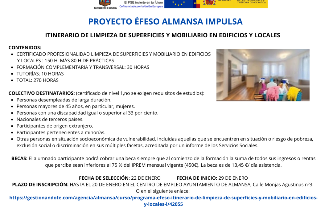 INSCRIPCIÓN CURSO LIMPIEZA DE SUPERFICIES Y MOBILIARIO EN EDIFCIOS Y LOCALES