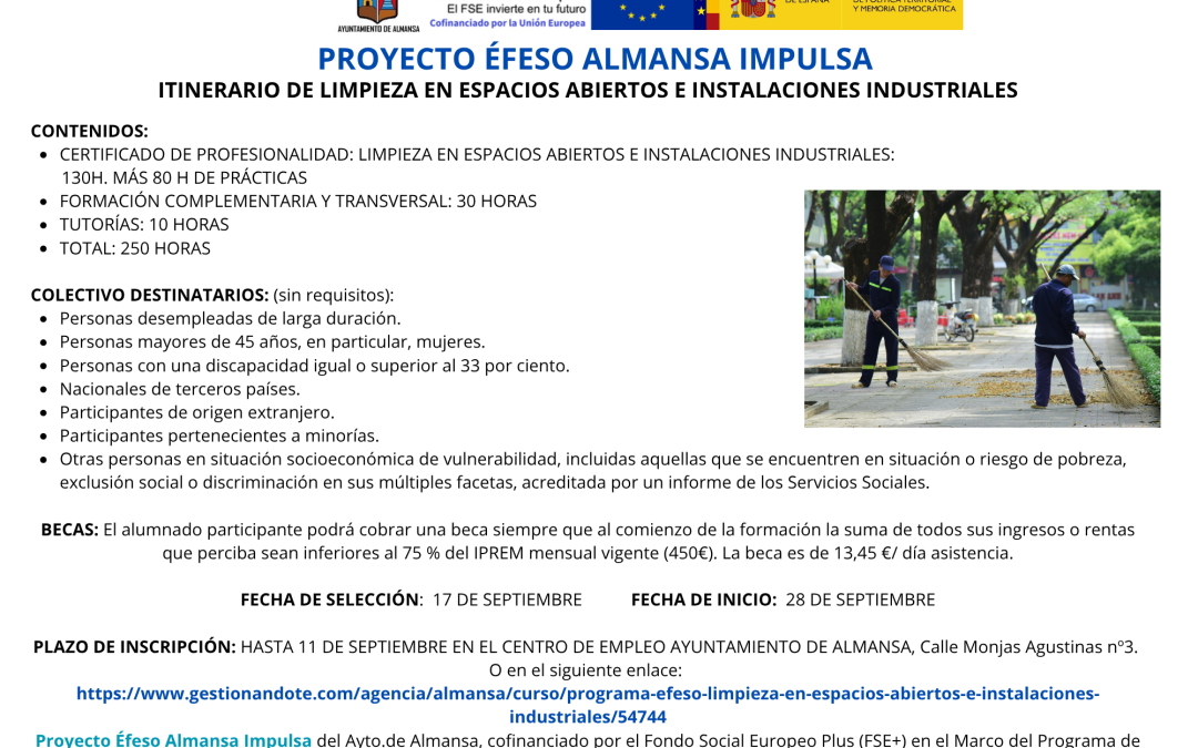 ABIERTA INSCRIPCIÓN CURSO LIMPIEZA EN ESPACIOS ABIERTOS E INSTALACIONES INDUSTRIALES